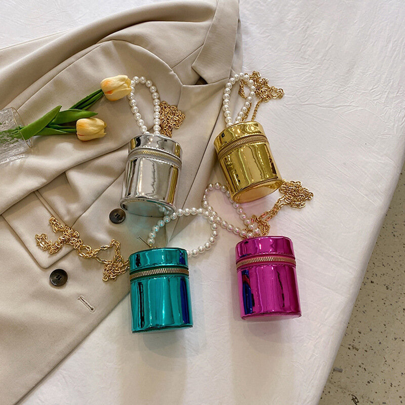 New Silver Gold PU Shiny Mini Chain Shoulder Crossbody Bag per le donne borsa per rossetto con chiave cilindrica portatile custodia per trucco cosmetico