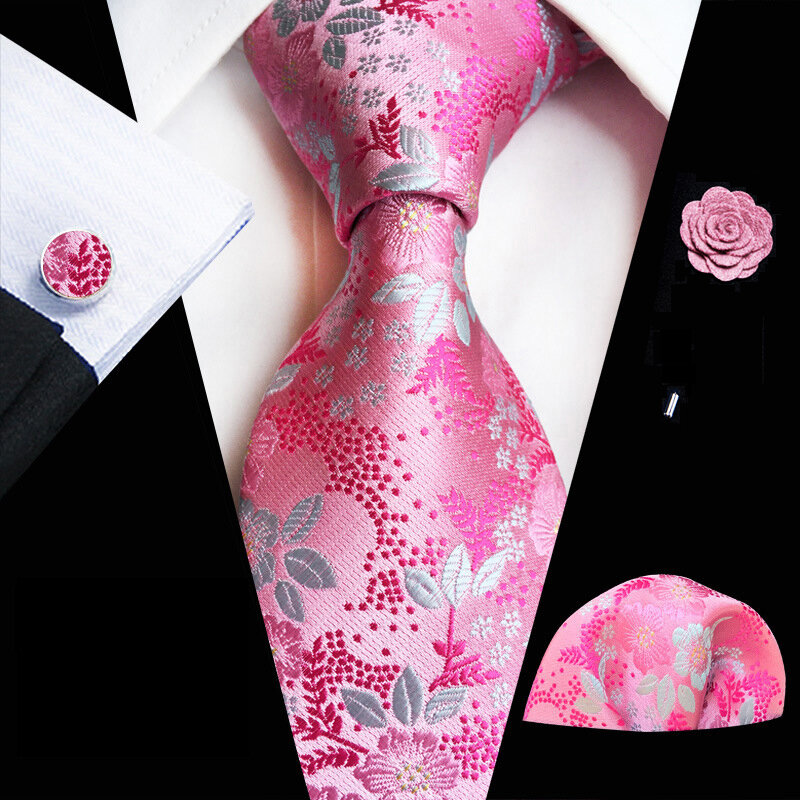 Conjunto de corbatas rosas florales para hombres, corbata de cuello de fiesta de boda, pañuelo, broche, gemelos, accesorios para hombres, Gravata de alta calidad