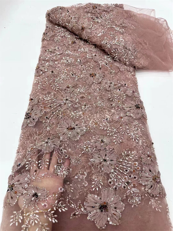 Tecido de renda de tule africano, tecidos nigerianos de lantejoulas para costura de vestido de casamento, rede frisada rosa, alta qualidade, 5 jardas, 2024