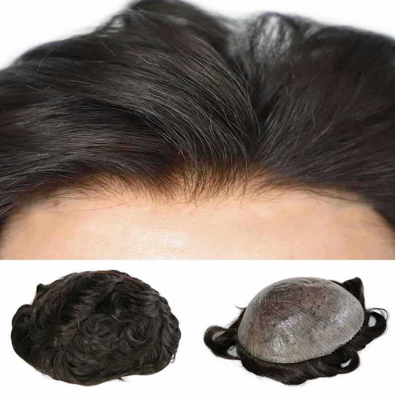 Natural Hairline Toupee para homens, prótese capilar, sistema 100% de cabelo humano, perucas masculinas, pele injetada, 0,1-0,12mm