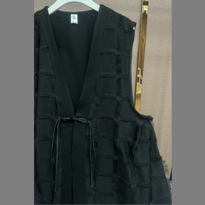 여성 블랙 루즈핏 브이넥 조끼, 민소매 얇은 코트, 레트로 패션, 용수철 가을 신상, 2024