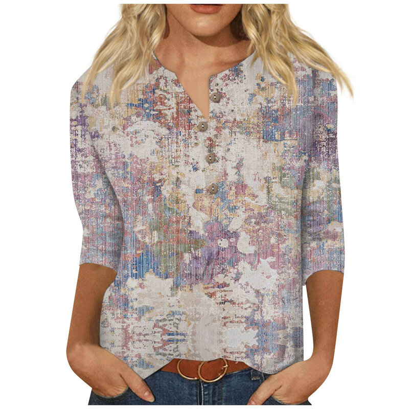 Blusa com estampa floral casual elegante feminina, camisa com decote em v, botão, mangas 3/4, camisa feminina, topo gráfico, verão