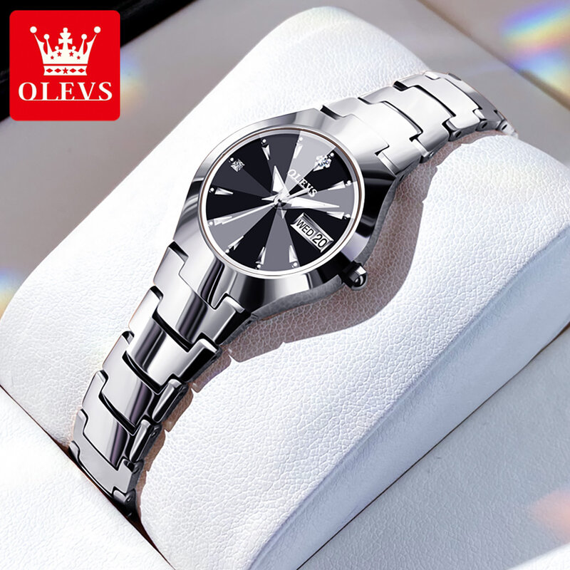OLEVS 여성용 텅스텐 스틸 팔찌 쿼츠 시계, 방수, 주간 날짜, 야광 손목시계, 최고 브랜드 럭셔리