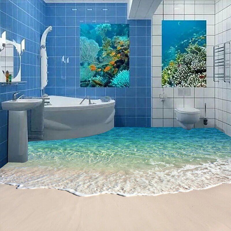 Papel tapiz autoadhesivo 3D para suelo de baño, pegatina de onda de agua de mar, antideslizante, impermeable