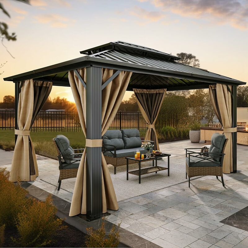 10x10/12ft Pavillon Doppeldach-Hardtop mit Netzen und Vorhängen, vertikale Hochleistungs-Außen streifen aus verzinktem Stahl