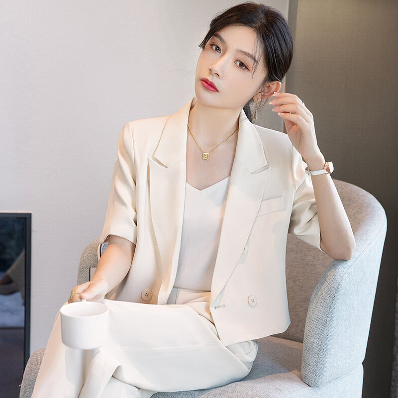 Women Solid Color Sets Lapel Short Sleeve Streetwear Double Breasted Blazer & Trousers Fashion Casual Ladies Suits Office Lady