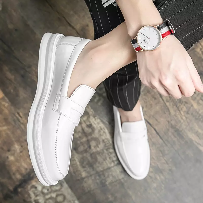 Brand Men's Loafers White Men's Dress Office Wedding Dress Shoes Lace Up Round Toe Black Shiny Leather Shoes Men's Casual Shoes