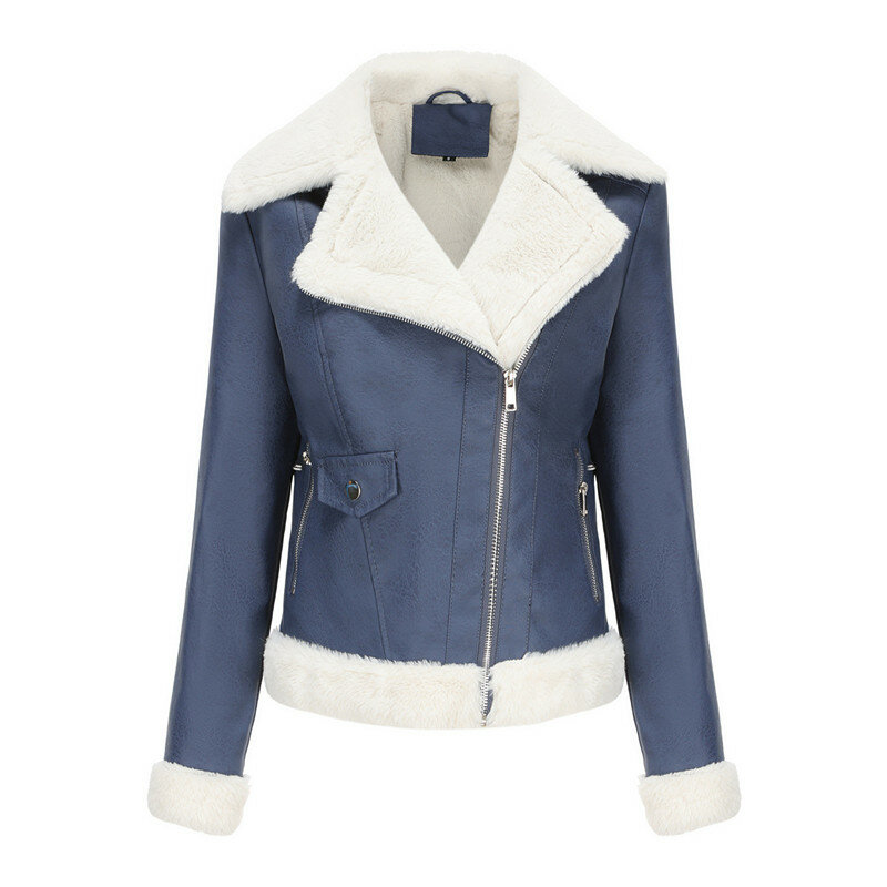 UHYTGF 여성용 가죽 재킷, 플러시 라펠 지퍼 코트, 여성 캐주얼 따뜻한 가을 겨울 PU 가죽 재킷, 숙녀 아우터 422