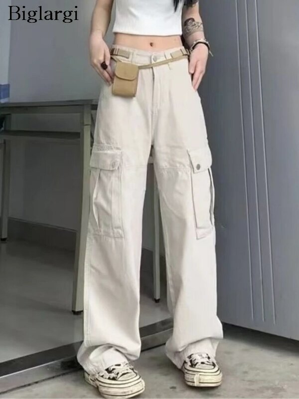 Брюки-карго женские прямые с завышенной талией, Модные свободные плиссированные штаны с широкими штанинами в Корейском стиле, весна-лето