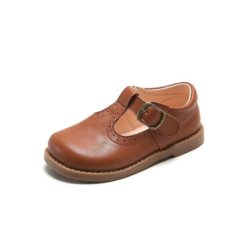 Mary Janes-zapatos de cuero para niña pequeña, zapatillas planas de estilo británico con correa en T, tres colores, Estilo Vintage 21-30