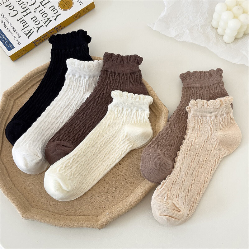 1Pairs Outdoor Women's Lace Socks Solid Color Sweet Fried Dough Twists Low Tube Socks Japanese College Style Korean Socks