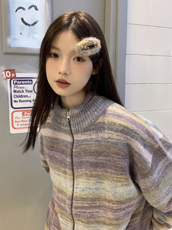 Chaqueta Harajuku para mujer, suéter de punto con cremallera a rayas degradadas, Jersey holgado, ropa de calle que combina con todo, Otoño, Y2k
