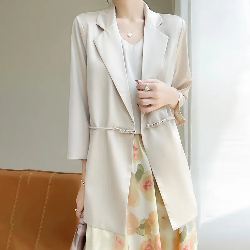 Jaqueta feminina estilo chinês, blazer, comprimento médio, manga 3/4, final alta, superfície cetim, casaco feminino, primavera, outono
