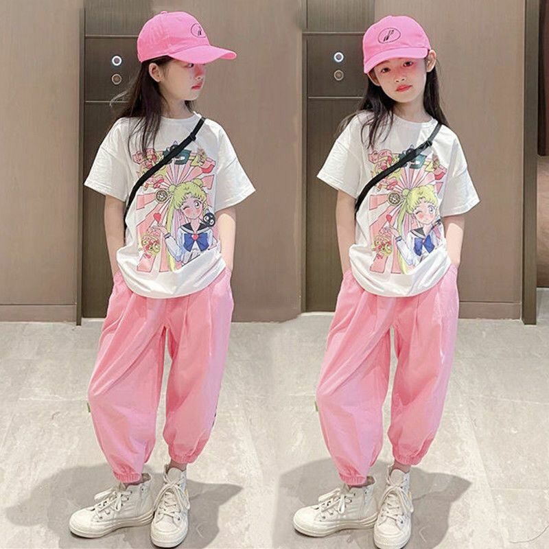 4 6 8 10 12Y Girls Summer Set 2023 New Children's Summer Korean Edition Foreigner Printed Short Sleeve T-shirt Pants 2 Piece Set