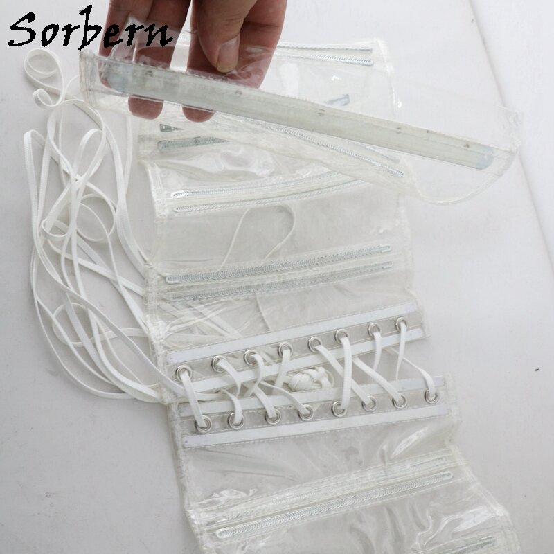 Sorbern Personalizado Transparente PVC Espartilho Arte Desempenho Lace Up Sexy Slim Fit Mulheres Bdsm Crosets Aço Bonings