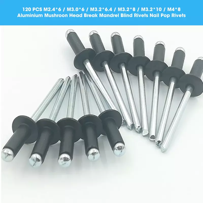 120 Stück schwarzer Aluminium-Blindniet-Zugniet m 2,4 m 1, 5 m4 Stahlset Pilz kopf bruch Dorn-Blind nieten Nagel-Pop-Nieten