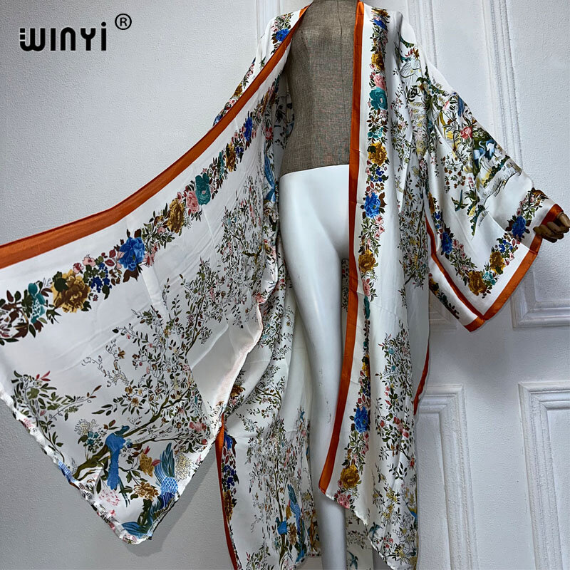 WINYI-Vestido feminino de quimono com estampa maxi, cardigã elegante, moda praia africana, roupas de luxo, Dubai Abaya, verão
