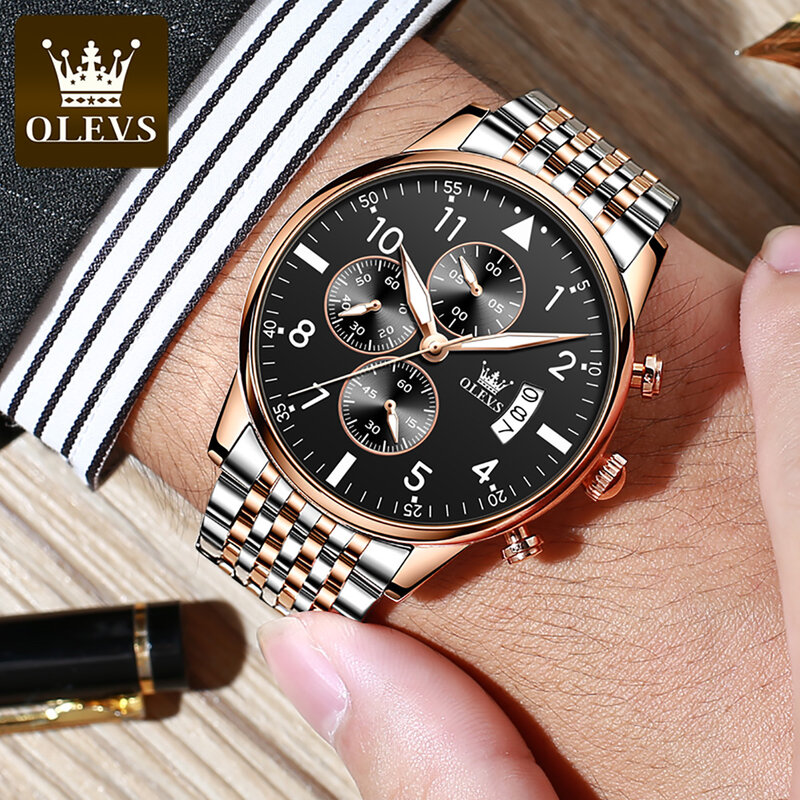 OLEVS 남성용 스테인리스 스틸 시계, 럭셔리 쿼츠 손목시계, 비즈니스 캐주얼 시계, 2869 패션