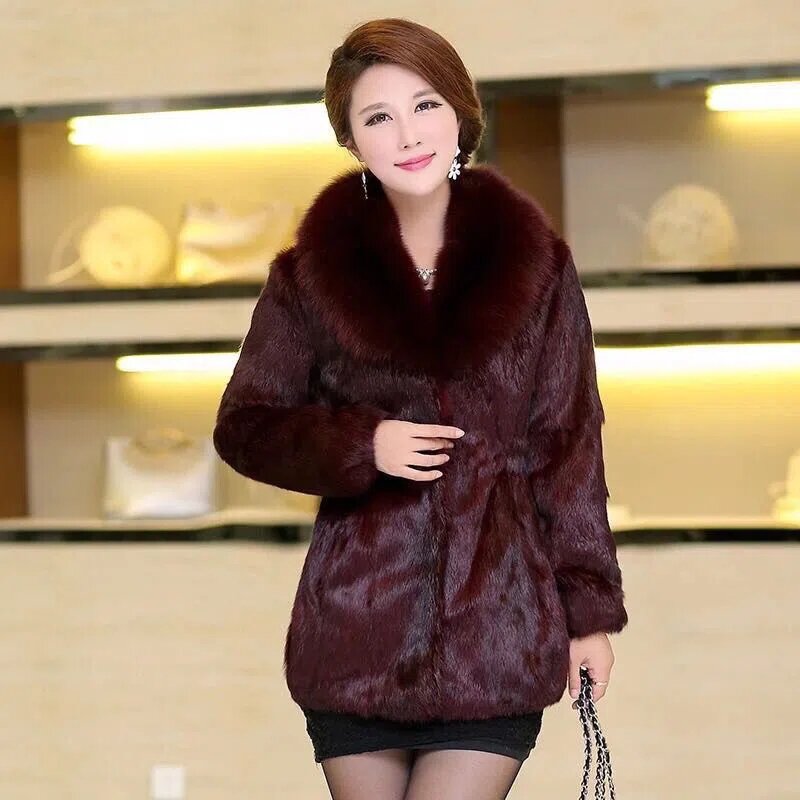 Jaket bulu Fuax wanita, pakaian luar ibu mulia bulu palsu tahan angin sangat hangat kualitas terbaik