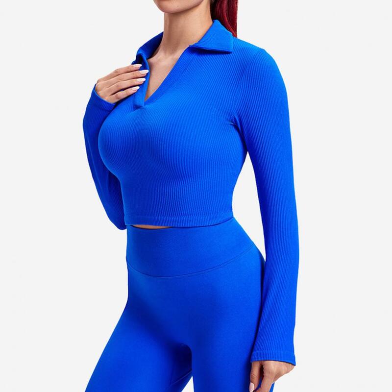 Blus Olahraga Wanita Kerah Lipat Warna Solid Lengan Panjang Pullover Menyerap Keringat Nyaman Lembut Pola Pendek Wanita Yoga