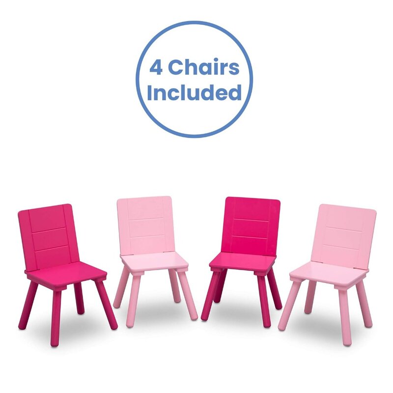 Set tavolo e sedia in legno per bambini (4 sedie incluse)-ideale per arti e mestieri, Snack, casa, bianco/rosa