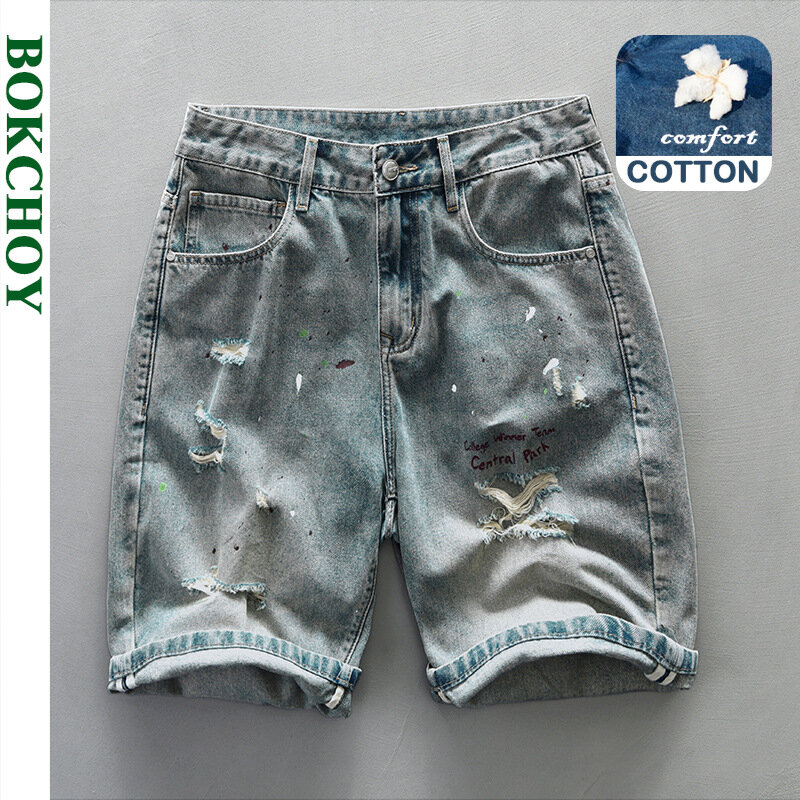 Shorts jeans lavados e rasgados vintage para homens, roupas casuais soltas, calças de algodão macio na altura do joelho, novas, verão, AG7152