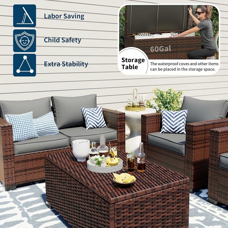 Pátio de vime Set com Storage Coffee Table e Dark Grey Almofadas, Mobiliário ao ar livre para varanda e varanda