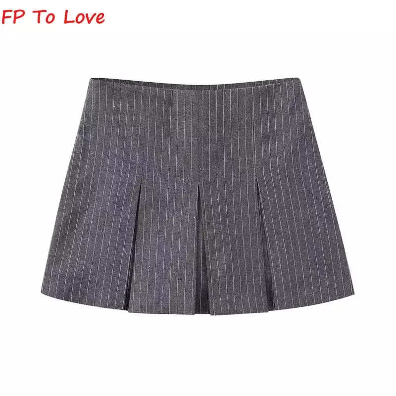 Minipantalones cortos plisados para mujer, faldas a rayas de estilo americano, sólido, Vintage, Sexy, PB & ZA, color gris, 7385524