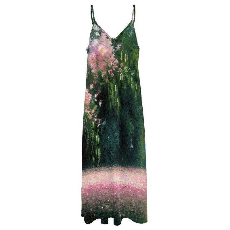 Gaun tanpa lengan wanita, set pakaian perempuan elegan longgar bunga merah muda di Eden