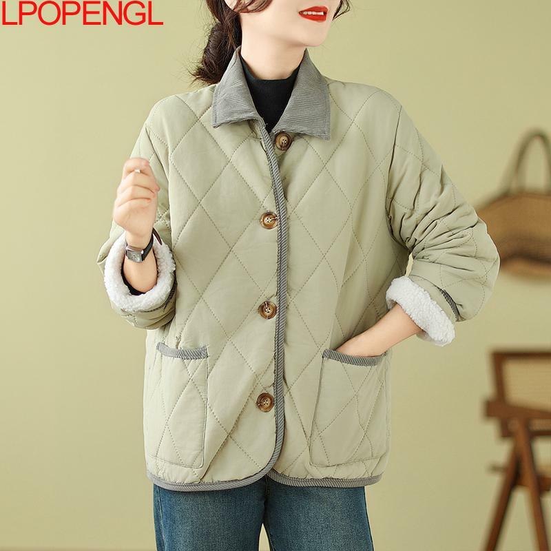 Jaqueta com colarinho de veludo feminino, streetwear vintage coreano, blusa de peito único, jaqueta de algodão curto, bloco de cores, outono e inverno