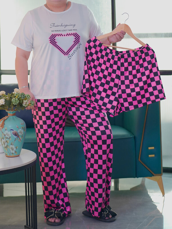 Fato doméstico manga curta, pijama plus size, shorts manga curta e calças compridas, conjunto de três peças