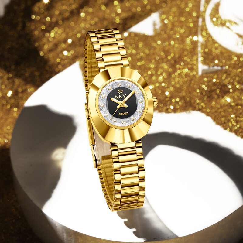Роскошные золотистые кварцевые наручные часы KKY 2024 для женщин, женские модные водонепроницаемые часы Стразы Girl Relogio Feminino C