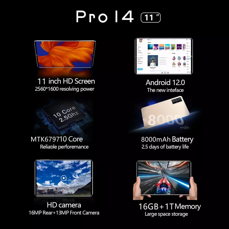 Android 12 Tablet PC Ipad, Versão Global, 16GB, 1T, Dual SIM, 10 Core, GPS, Bluetooth, Rede 5G, 11 ", 2022, Novo