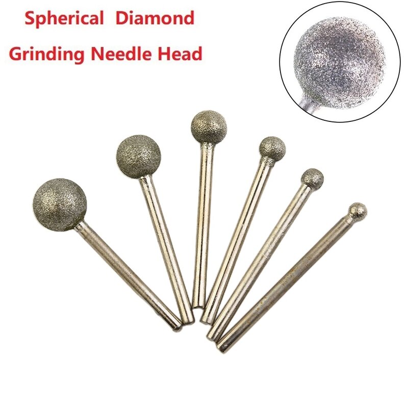 6PC Diamond Grinding Needle Head Kit 33-40mm Length Round Ball Burr Drill Bit For Carving Engraving Drilling 4-12mm Tools Parts