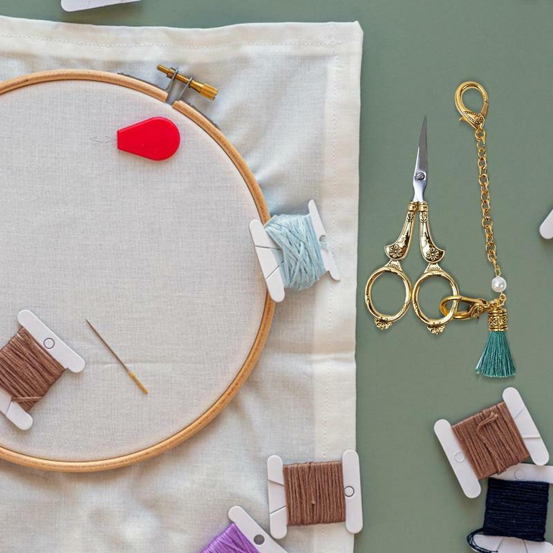Tesoura do bordado do vintage com corrente, Crochet Scissors, Costura Artesanato, Knitting Threading Tool