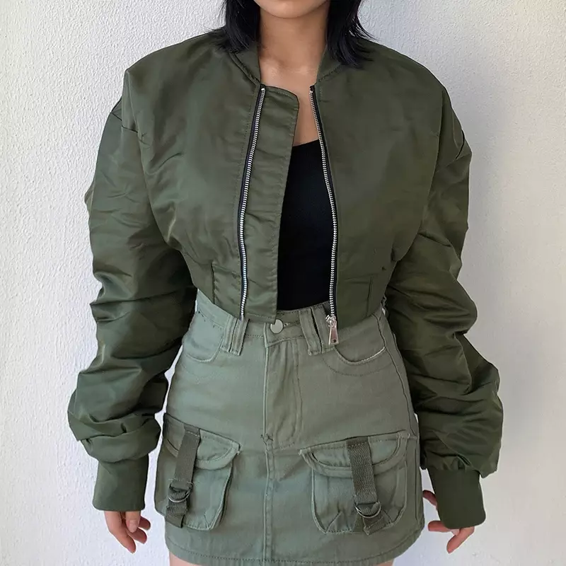High Waisted Cropped Flight Jacket Women Spring Autumn Long Sleeved Folds Zipper Outerwear Casual Loose-fit Bomber Jackets Coat