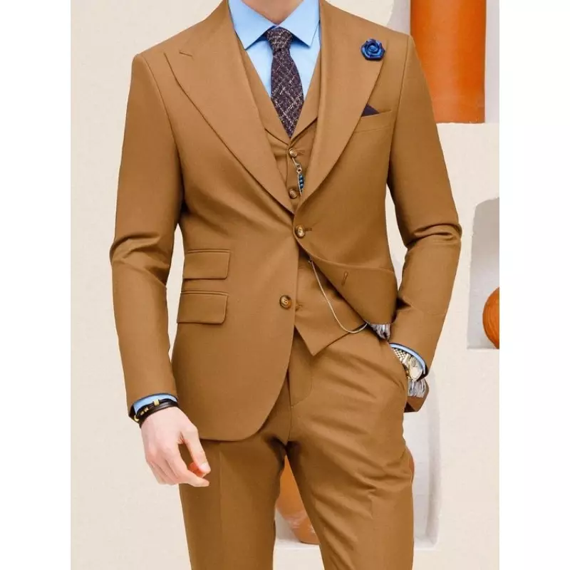 Модные коричневые мужские костюмы, свадебные смокинги для жениха, облегающий деловой повседневный костюм для мужчин, 3 предмета (Блейзер + брюки), мужской костюм