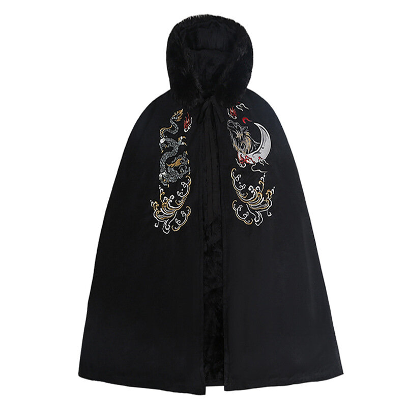 Casaco antigo com capuz grosso e longo Hanfu masculino original, roupas tradicionais chinesas, preto, outono, inverno