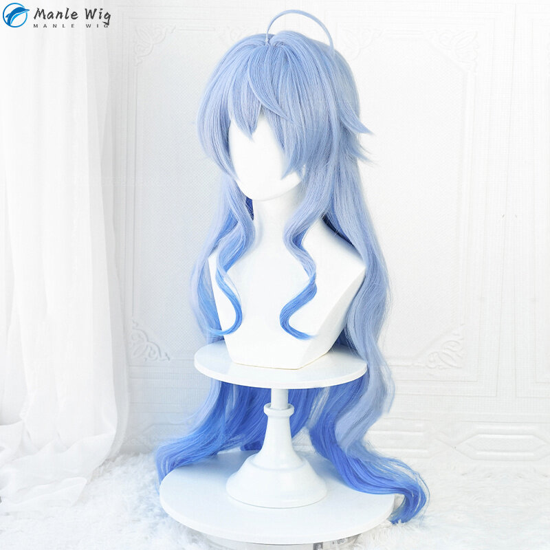 Ganyu-Peluca de Cosplay Genshin, Pelo Rizado degradado azul, resistente al calor, Anime, gorro de peluca, 90cm