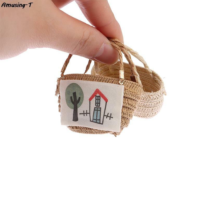 Tas selempang jerami belanja tas bahu anyaman rumah boneka 1/12 tas pantai tenun untuk dekorasi boneka miniatur