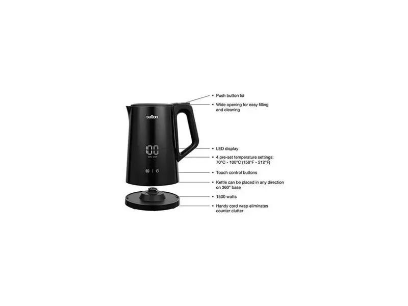Цифровой электрический чайник с температурным контролем Cool Touch, 1,5 литра, черный