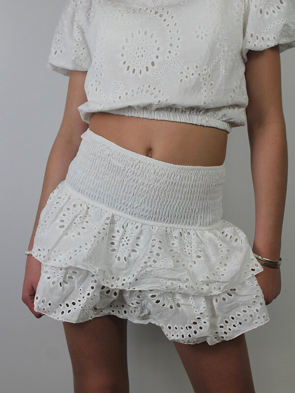 Womens Y2K Ruffle Mini Skirt Eyelet Embroidery Low Rise Layered Skirts Summer A Line Flowy Short Skirts