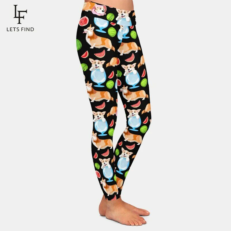LETSFIND Celana Elastis Wanita Fashion Legging Penuh Melar Lembut Fitness Pinggang Tinggi Gambar Cetak Sutra Susu Anjing Lucu