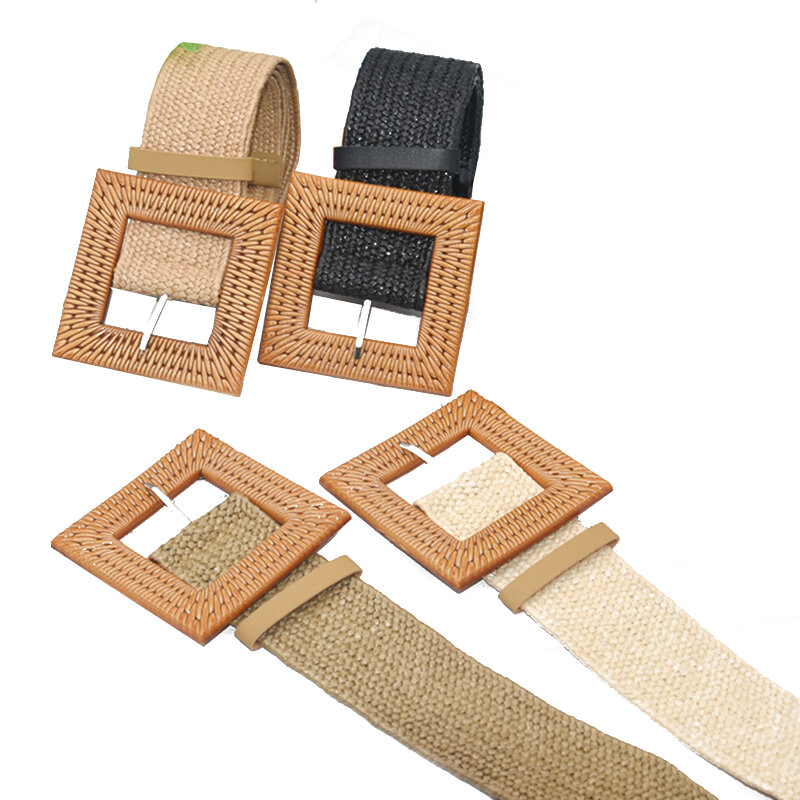 Cinturones elásticos de paja de imitación para verano, cinturilla de paja tejida ajustable con hebilla cuadrada, cinturones bohemios para Vestido de playa