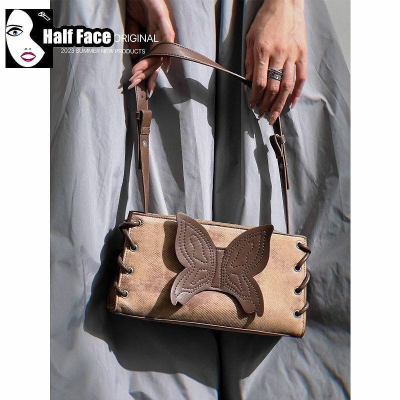 Y2K-Women's Gothic Butterfly Handbags, Harajuku Handbags, One Shoulder Bags, Crossbody Bag, Brown, Punk, Design Avançado, Versátil, Y2K
