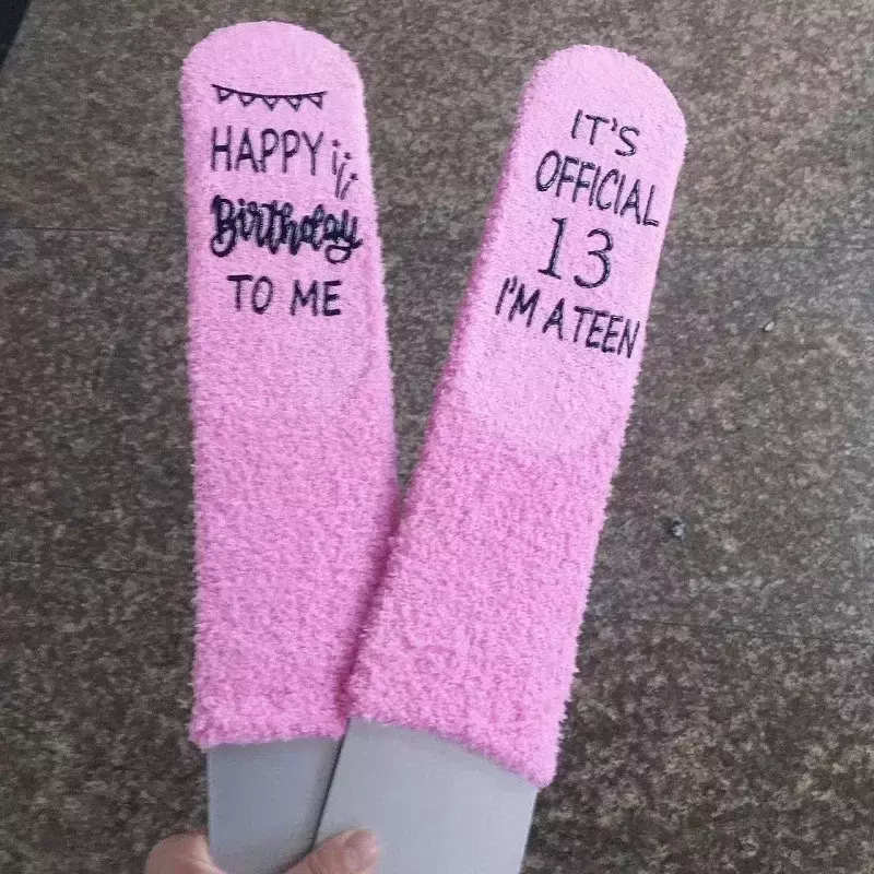 1 Pair Funny Pink Thickened Women's Socks Printed with "HAPPY 18TH BIRTHDAY OMG IAM AN ADULT NOW" Soft Comfortable Warm Socks