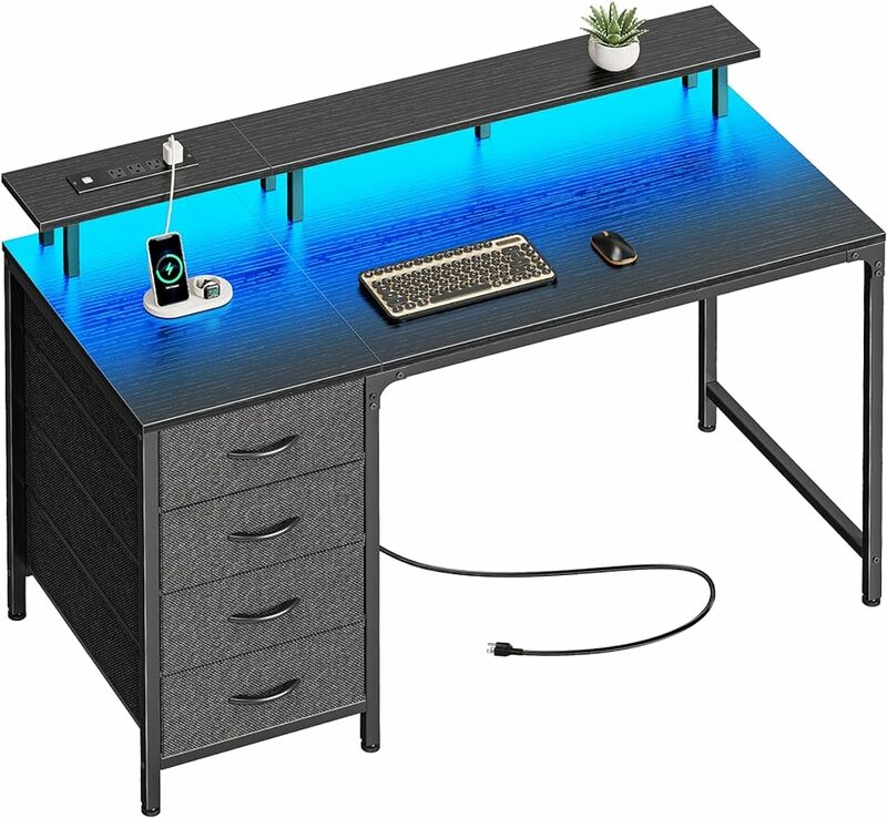 Computer tisch mit Steckdosen und LED-Leuchten, 47-Zoll-Spieltisch mit 4 Schubladen, Schreibtisch mit Monitorst änder, Arbeits zimmer