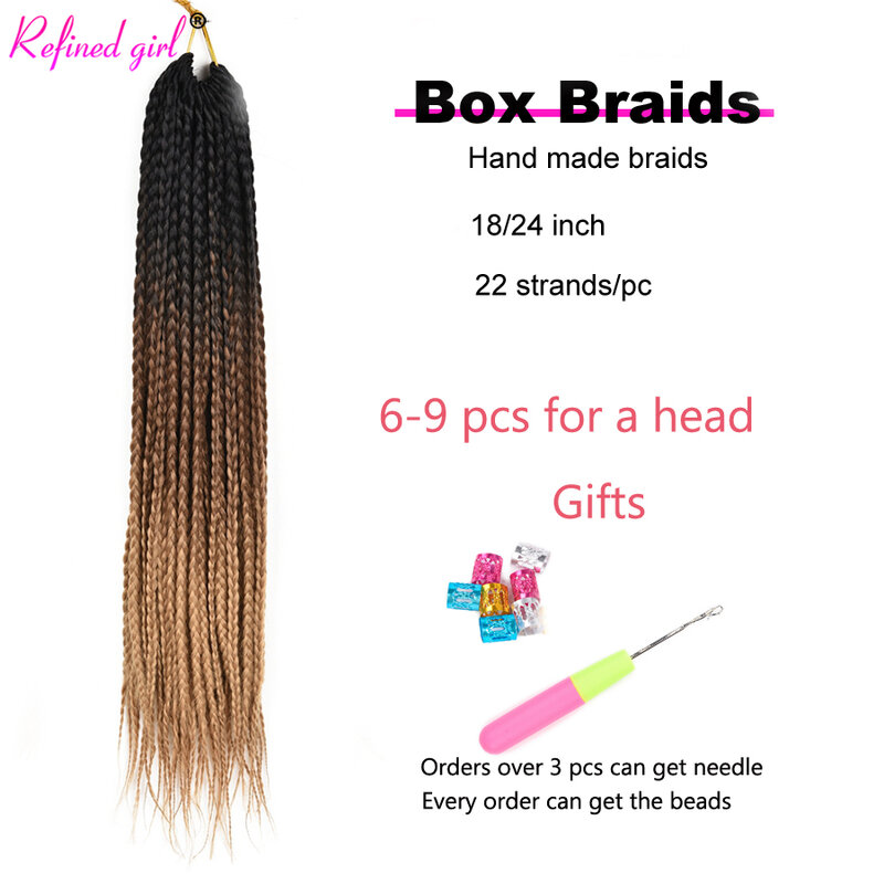 Box Braid Crochet Hair 18 24 Inch Pre-Looped Knotless Braids Ombre Color Heat Resistant Synthetic Braiding Hair Extensions
