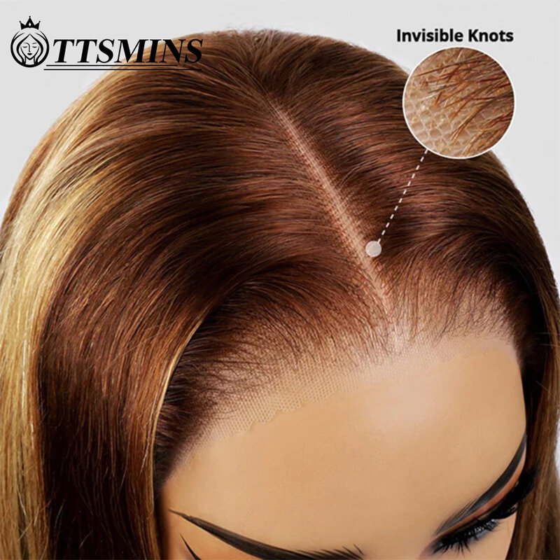 Pelucas de cabello humano brasileño Remy, postizo largo y liso con cierre de encaje HD precortado, color 4/27, sin pegamento, 5x5