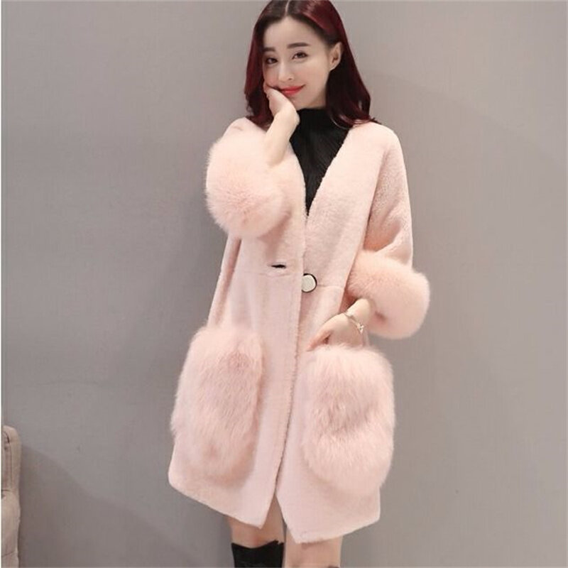 Women Winter New  Medium Length Imitation Fur Coat Beauty Lamb Wool Mink Loose Coat Female Faux Fox Wool Sheep Cut Wool Jacket
